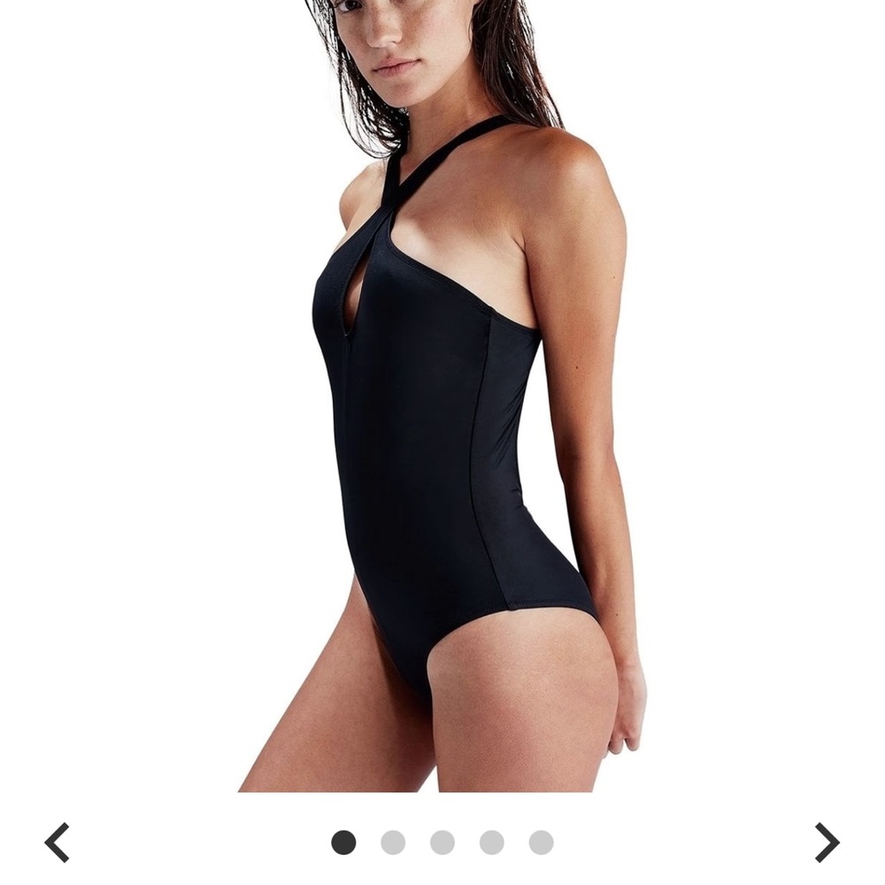 Solid‎ & striped Black One-Piece Swimsuit Plunging V-Neck  High-Cut Legs (0642)